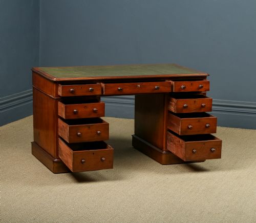 fig 5. Antique English Victorian 4ft 6” Mahogany & Green Leather Pedestal Office Writing Desk (Circa 1860)