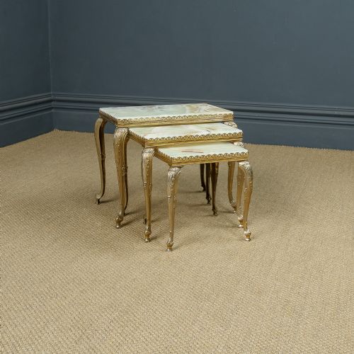 Vintage French Nest of Three Onyx Marble & Brass Low / Coffee / Occasional / Side Tables (Circa 1930)