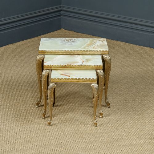 fig 1. Vintage French Nest of Three Onyx Marble & Brass Low / Coffee / Occasional / Side Tables (Circa 1930)