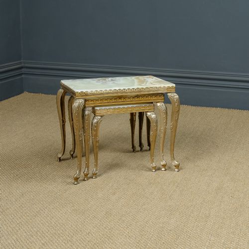 fig 2. Vintage French Nest of Three Onyx Marble & Brass Low / Coffee / Occasional / Side Tables (Circa 1930)