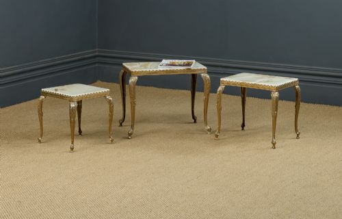 fig 3. Vintage French Nest of Three Onyx Marble & Brass Low / Coffee / Occasional / Side Tables (Circa 1930)