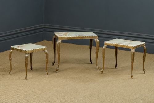 fig 4. Vintage French Nest of Three Onyx Marble & Brass Low / Coffee / Occasional / Side Tables (Circa 1930)
