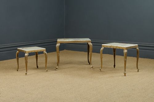 fig 5. Vintage French Nest of Three Onyx Marble & Brass Low / Coffee / Occasional / Side Tables (Circa 1930)