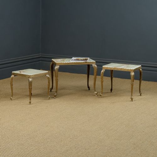 fig 6. Vintage French Nest of Three Onyx Marble & Brass Low / Coffee / Occasional / Side Tables (Circa 1930)