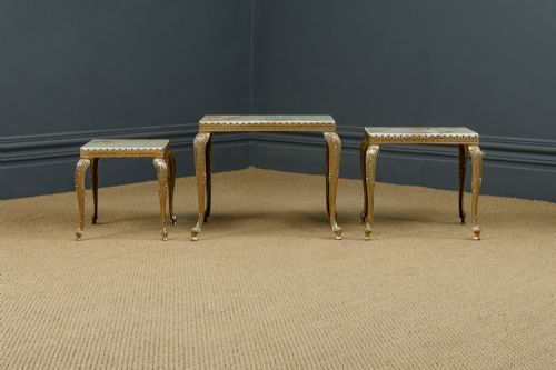 fig 7. Vintage French Nest of Three Onyx Marble & Brass Low / Coffee / Occasional / Side Tables (Circa 1930)