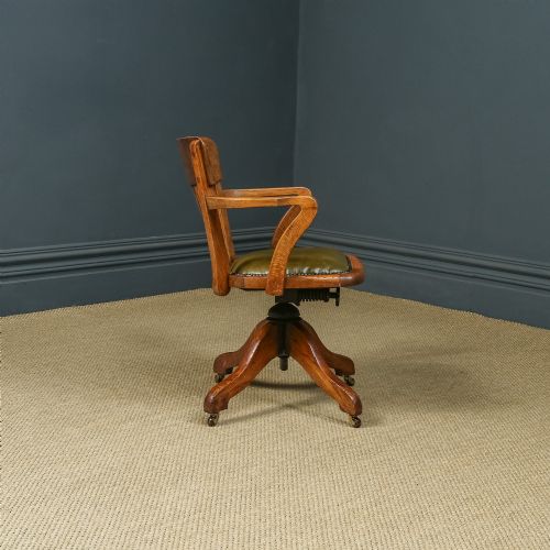 fig 3. Antique English Edwardian Oak & Green Leather Revolving Office Desk Arm Chair by Cooke’s of Finsbury, London (Circa 1910)
