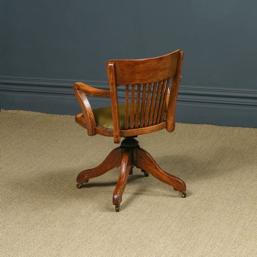 fig 4. Antique English Edwardian Oak & Green Leather Revolving Office Desk Arm Chair by Cooke’s of Finsbury, London (Circa 1910)