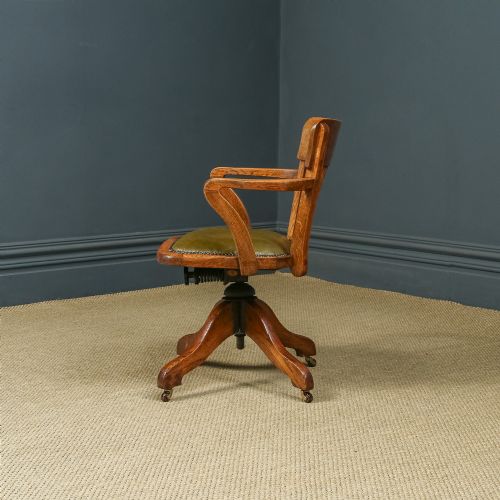fig 5. Antique English Edwardian Oak & Green Leather Revolving Office Desk Arm Chair by Cooke’s of Finsbury, London (Circa 1910)