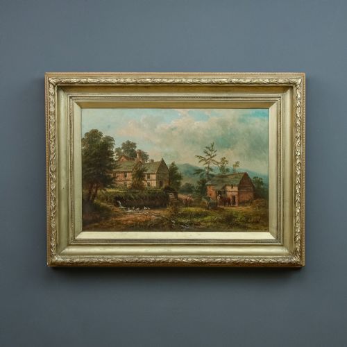 Antique Welsh Victorian Rural Farmstead Landscape Oil Painting Picture by Thomas Henry Thomas (Circa 1870)