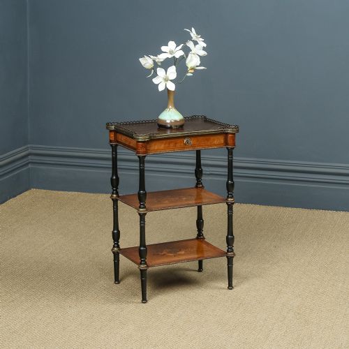 Antique English Victorian Aesthetic Walnut & Ebony Three-tier Etagere Whatnot Display Stand with Drawer (Circa 1870)