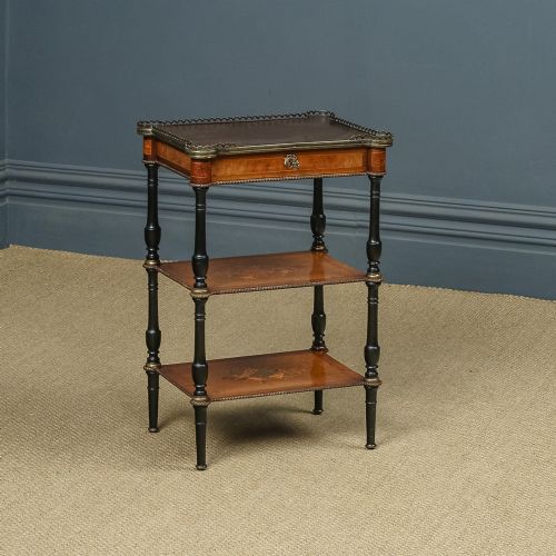 fig 1. Antique English Victorian Aesthetic Walnut & Ebony Three-Tier Etagere Whatnot Display Stand With Drawer (Circa 1870)