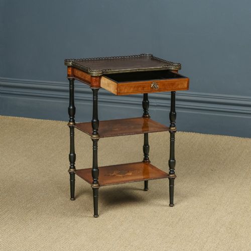 fig 2. Antique English Victorian Aesthetic Walnut & Ebony Three-Tier Etagere Whatnot Display Stand With Drawer (Circa 1870)