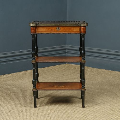 fig 3. Antique English Victorian Aesthetic Walnut & Ebony Three-Tier Etagere Whatnot Display Stand With Drawer (Circa 1870)