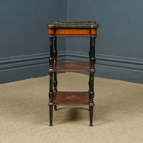 fig 4. Antique English Victorian Aesthetic Walnut & Ebony Three-Tier Etagere Whatnot Display Stand With Drawer (Circa 1870)