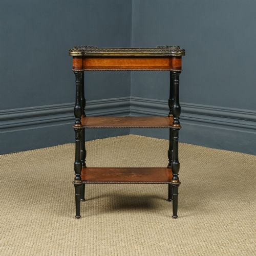 fig 5. Antique English Victorian Aesthetic Walnut & Ebony Three-Tier Etagere Whatnot Display Stand With Drawer (Circa 1870)