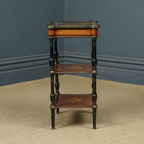 fig 6. Antique English Victorian Aesthetic Walnut & Ebony Three-Tier Etagere Whatnot Display Stand With Drawer (Circa 1870)