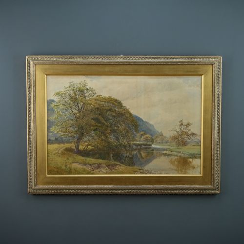 Large Antique English Victorian River Landscape Watercolour Painting Picture by Matthew Jarvis (Circa 1870)