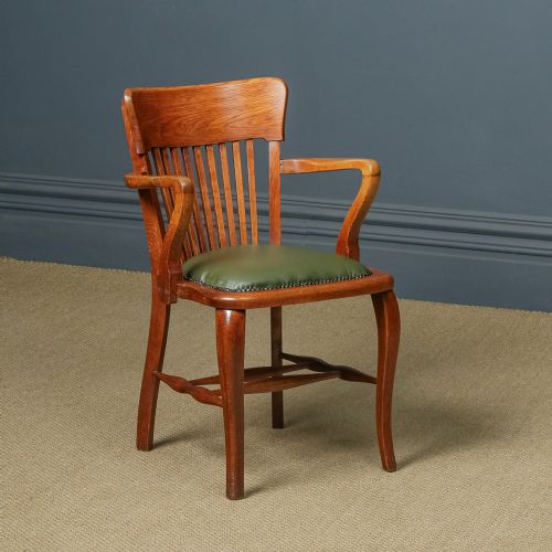 Antique English Edwardian Oak & Green Leather Office Desk Elbow Tub Arm Chair (Circa 1910)