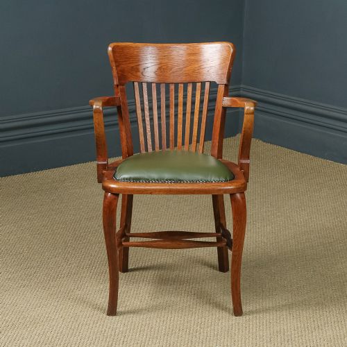 fig 1. Antique English Edwardian Oak & Green Leather Office Desk Elbow Tub Arm Chair (Circa 1910)