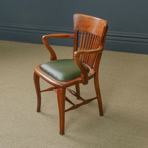 fig 2. Antique English Edwardian Oak & Green Leather Office Desk Elbow Tub Arm Chair (Circa 1910)