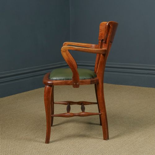 fig 3. Antique English Edwardian Oak & Green Leather Office Desk Elbow Tub Arm Chair (Circa 1910)