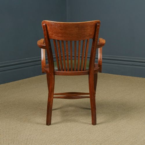 fig 4. Antique English Edwardian Oak & Green Leather Office Desk Elbow Tub Arm Chair (Circa 1910)
