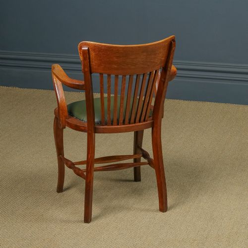 fig 5. Antique English Edwardian Oak & Green Leather Office Desk Elbow Tub Arm Chair (Circa 1910)