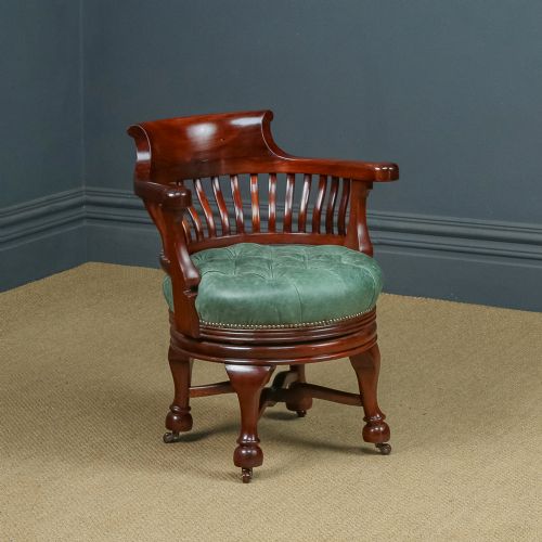 Antique English Victorian Mahogany & Green Leather Revolving Office Desk Arm Chair (Circa 1880)