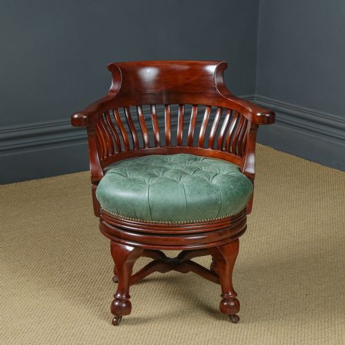 fig 1. Antique English Victorian Mahogany & Green Leather Revolving Office Desk Arm Chair (Circa 1880)