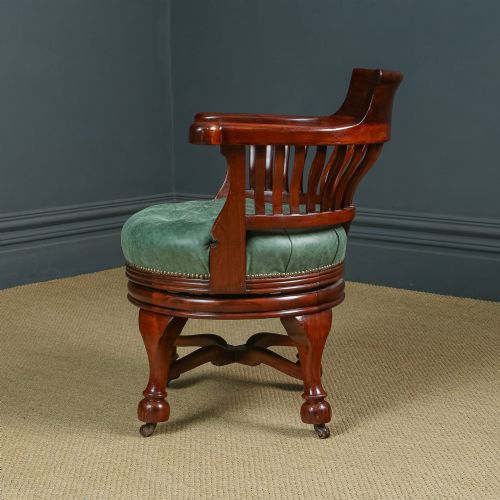 fig 2. Antique English Victorian Mahogany & Green Leather Revolving Office Desk Arm Chair (Circa 1880)