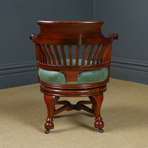 fig 3. Antique English Victorian Mahogany & Green Leather Revolving Office Desk Arm Chair (Circa 1880)