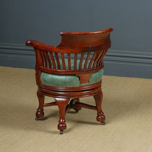 fig 4. Antique English Victorian Mahogany & Green Leather Revolving Office Desk Arm Chair (Circa 1880)