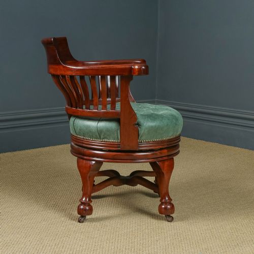 fig 5. Antique English Victorian Mahogany & Green Leather Revolving Office Desk Arm Chair (Circa 1880)