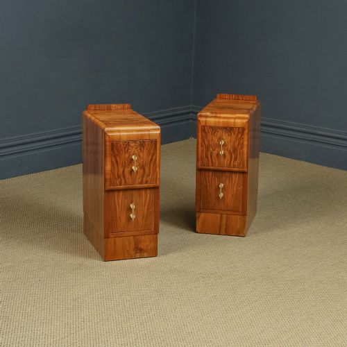 Antique English Pair of Art Deco Walnut Bedsides Chests with Two Drawers (Circa 1930)