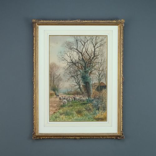 fig 1. Antique English George V Pair of Watercolour Paintings Pictures of Herding Sheep by Henry Charles Fox (Circa 1915)