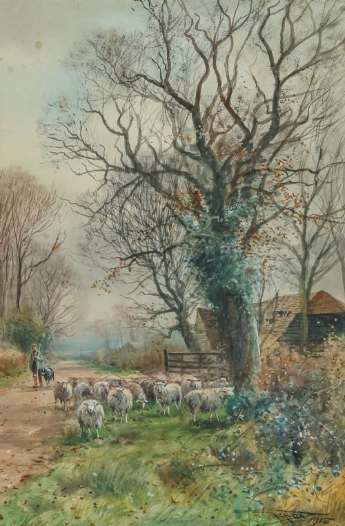 fig 2. Antique English George V Pair of Watercolour Paintings Pictures of Herding Sheep by Henry Charles Fox (Circa 1915)