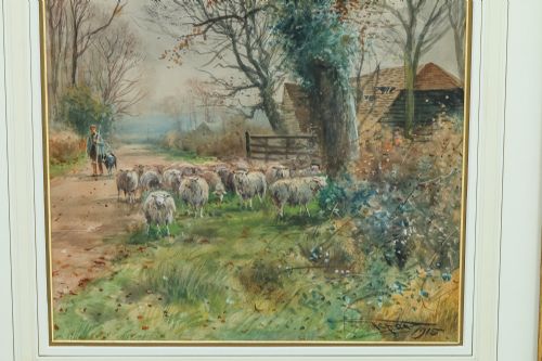 fig 5. Antique English George V Pair of Watercolour Paintings Pictures of Herding Sheep by Henry Charles Fox (Circa 1915)