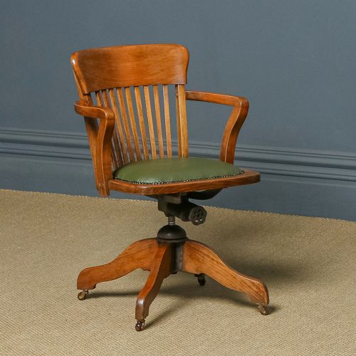 fig 1. Antique English Edwardian Beech & Green Leather Revolving Office Desk Chair / Armchair (Circa 1910)