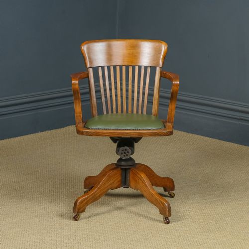 fig 2. Antique English Edwardian Beech & Green Leather Revolving Office Desk Chair / Armchair (Circa 1910)