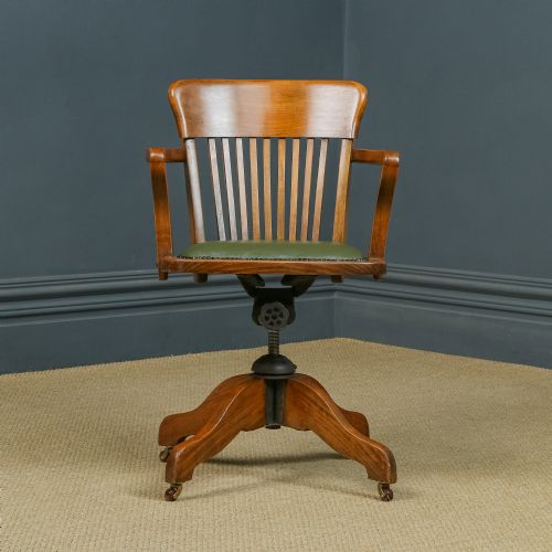 fig 3. Antique English Edwardian Beech & Green Leather Revolving Office Desk Chair / Armchair (Circa 1910)