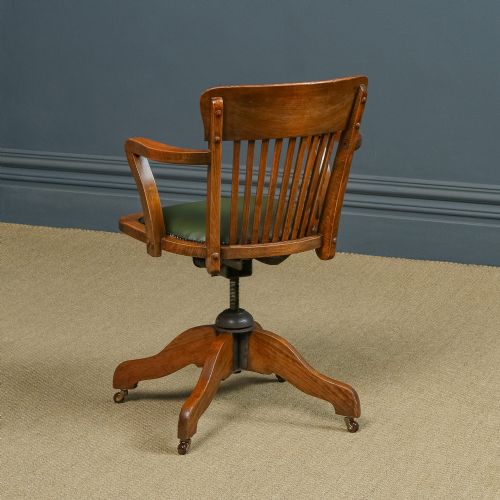 fig 4. Antique English Edwardian Beech & Green Leather Revolving Office Desk Chair / Armchair (Circa 1910)