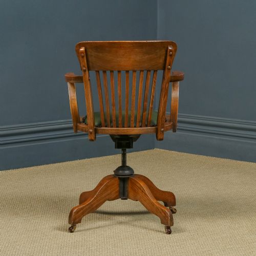 fig 5. Antique English Edwardian Beech & Green Leather Revolving Office Desk Chair / Armchair (Circa 1910)