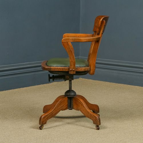 fig 6. Antique English Edwardian Beech & Green Leather Revolving Office Desk Chair / Armchair (Circa 1910)