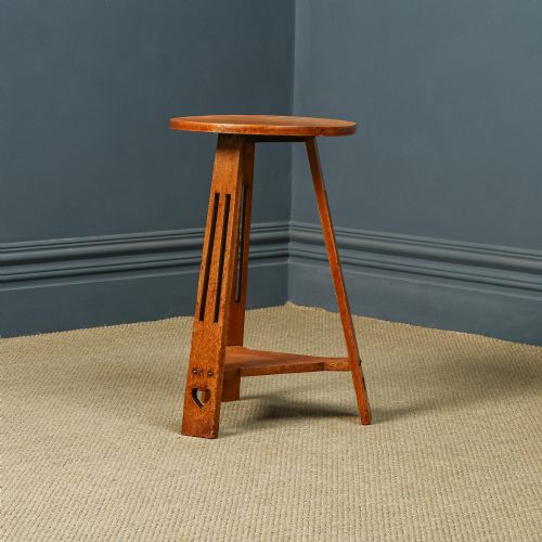 fig 2. Antique English Victorian Arts & Crafts Liberty & Co. Design Oak Occasional Circular / Round Cricket Table (Circa 1890)
