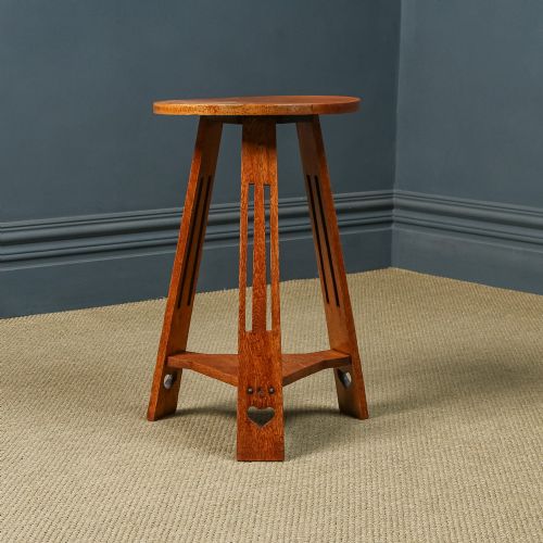 fig 4. Antique English Victorian Arts & Crafts Liberty & Co. Design Oak Occasional Circular / Round Cricket Table (Circa 1890)