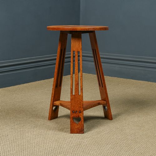 fig 5. Antique English Victorian Arts & Crafts Liberty & Co. Design Oak Occasional Circular / Round Cricket Table (Circa 1890)