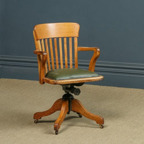 Antique English Edwardian Oak & Green Leather Revolving Office Desk Chair / Armchair (Circa 1910)