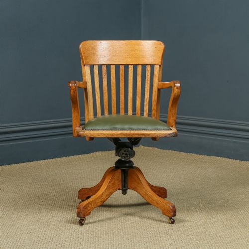 fig 1. Antique English Edwardian Oak & Green Leather Revolving Office Desk Chair / Armchair (Circa 1910)