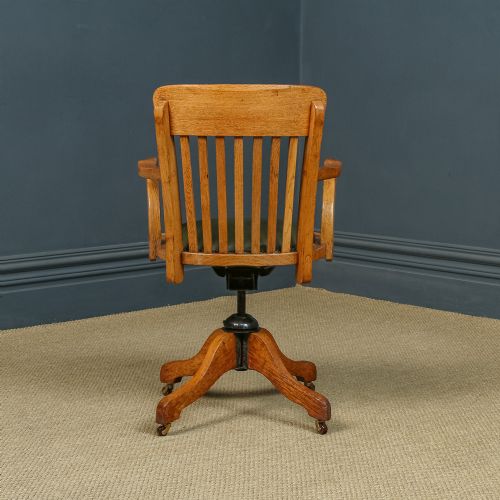 fig 2. Antique English Edwardian Oak & Green Leather Revolving Office Desk Chair / Armchair (Circa 1910)