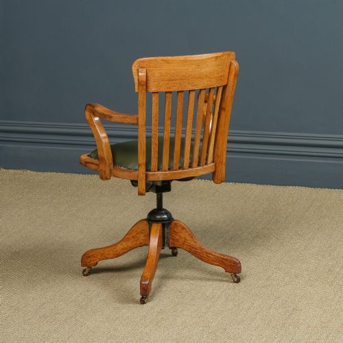 fig 3. Antique English Edwardian Oak & Green Leather Revolving Office Desk Chair / Armchair (Circa 1910)